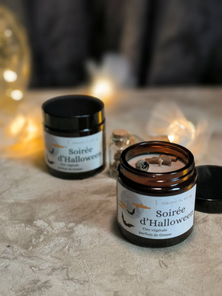 Bougie Parfumée Soirée d’Halloween – Édition pot ambré 🌙🦇