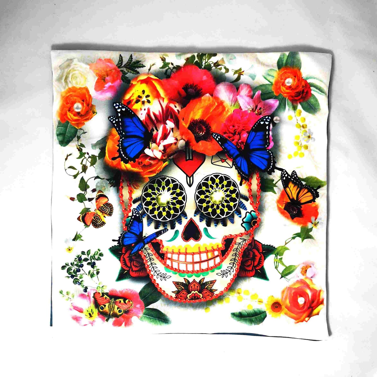 Coussin en velours Tête de mort à la Frida