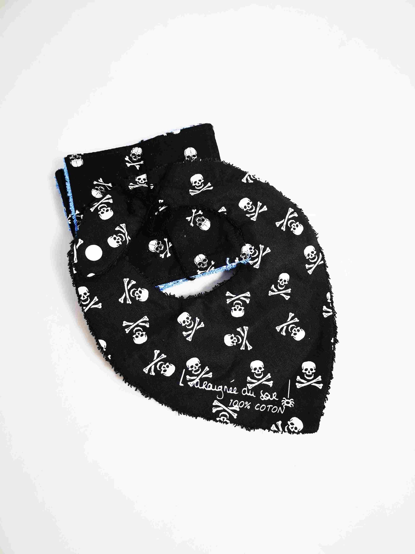 Duo Bavoir et Lingettes Lavables - têtes de mort en bleu- Style Unique pour Bébés Branchés