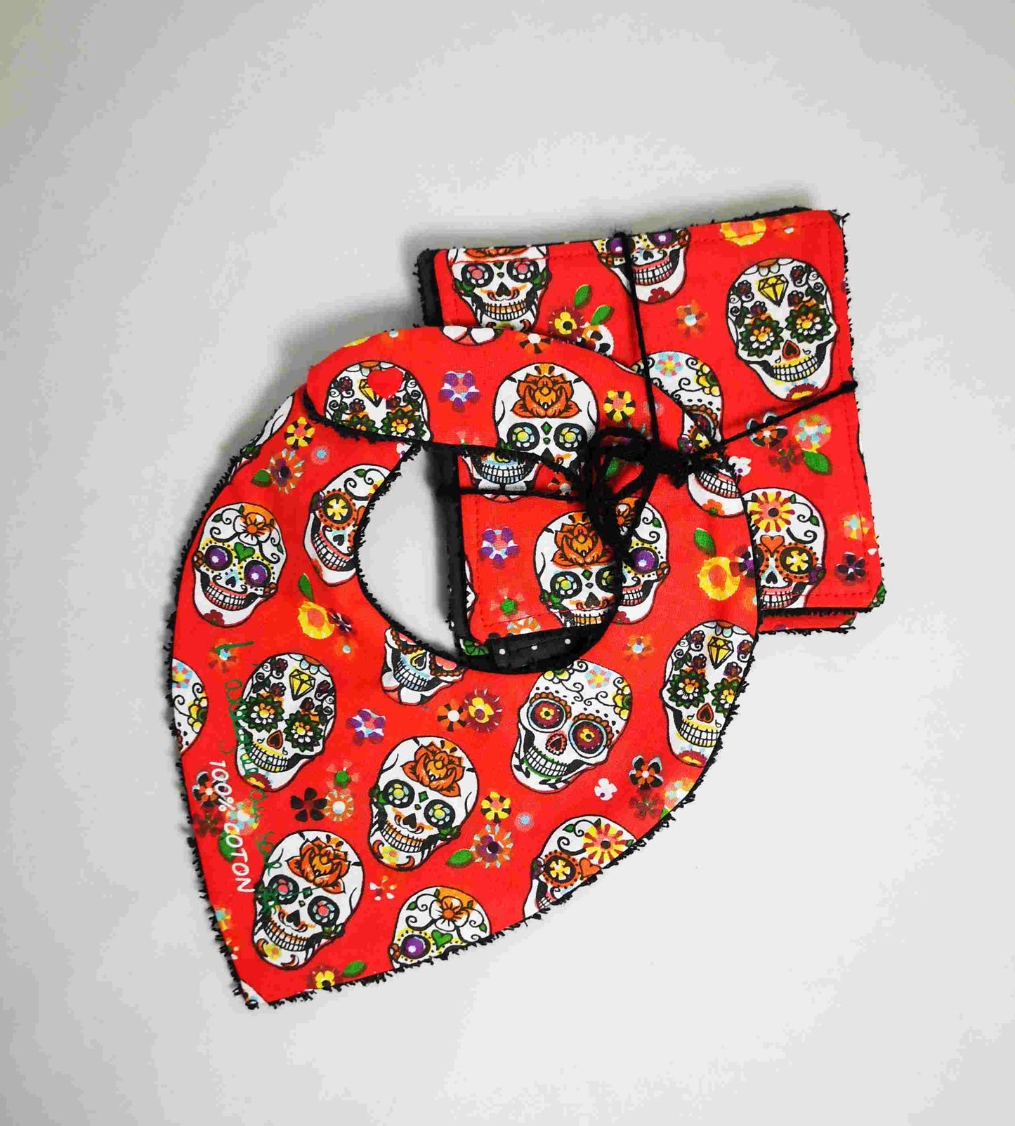 Duo Bavoir et Lingettes Lavables Calaveras en rouge