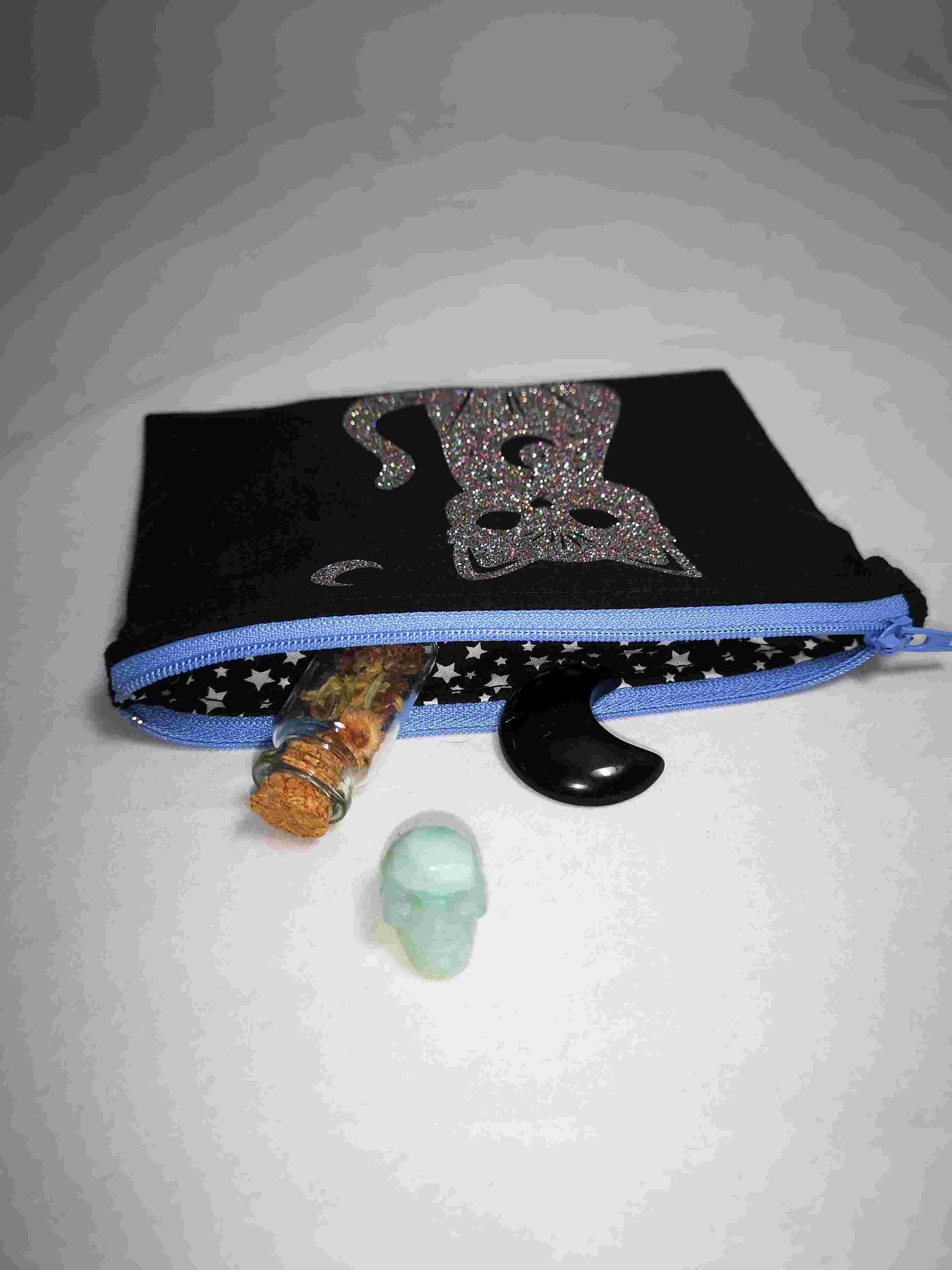 Trousse "Chat ensorcelant" en coton et pailleté