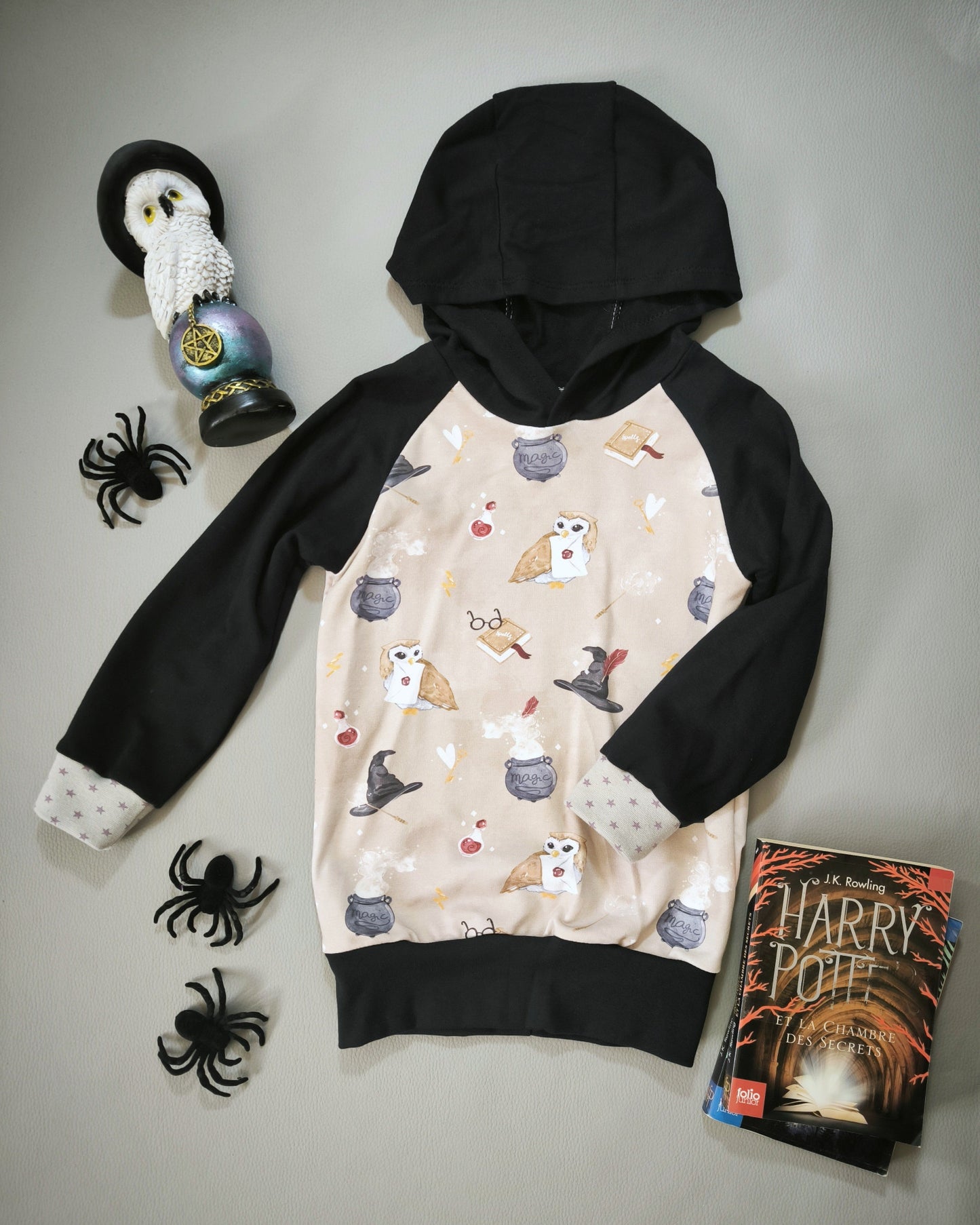 Sweat à capuche Hibou magique beige T.3 ans/98 cm