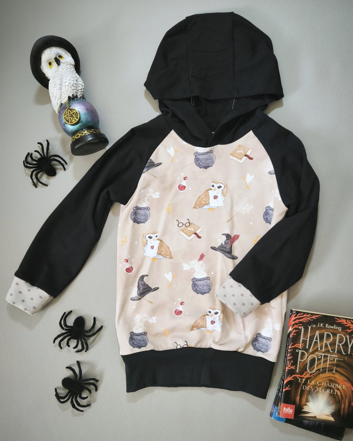 Sweat à capuche Hibou magique beige T.3 ans/98 cm