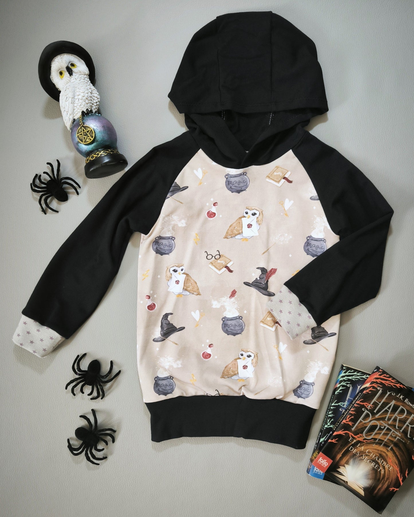 Sweat à capuche Hibou magique beige T.3 ans/98 cm