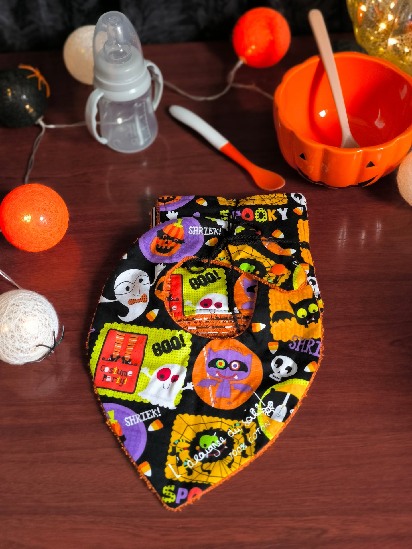 Duo bavoir et lingettes lavables - Repas d'Halloween