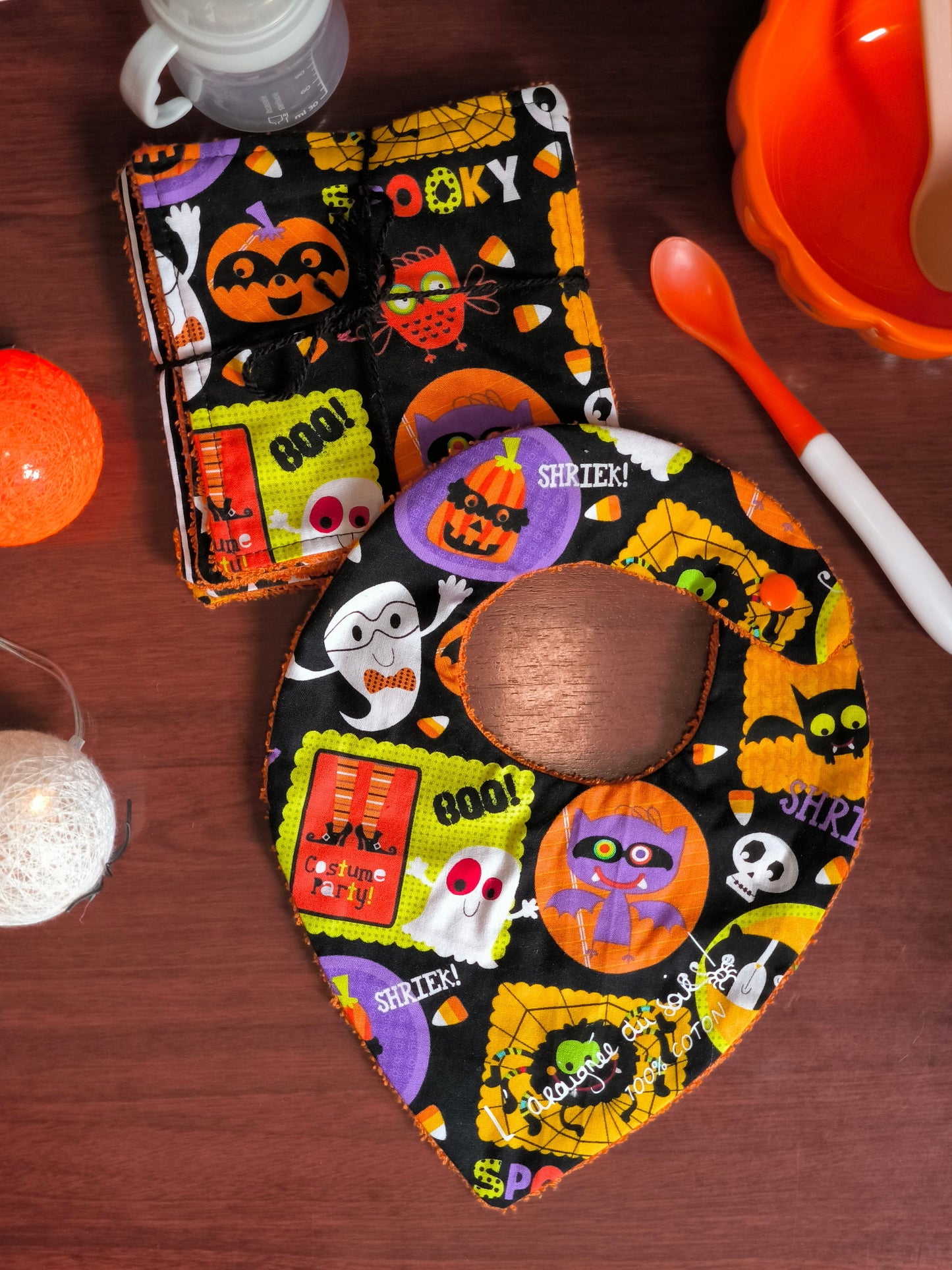 Duo bavoir et lingettes lavables - Repas d'Halloween