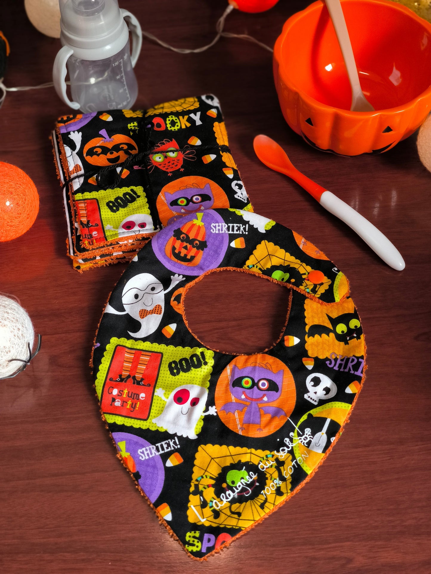 Duo bavoir et lingettes lavables - Repas d'Halloween