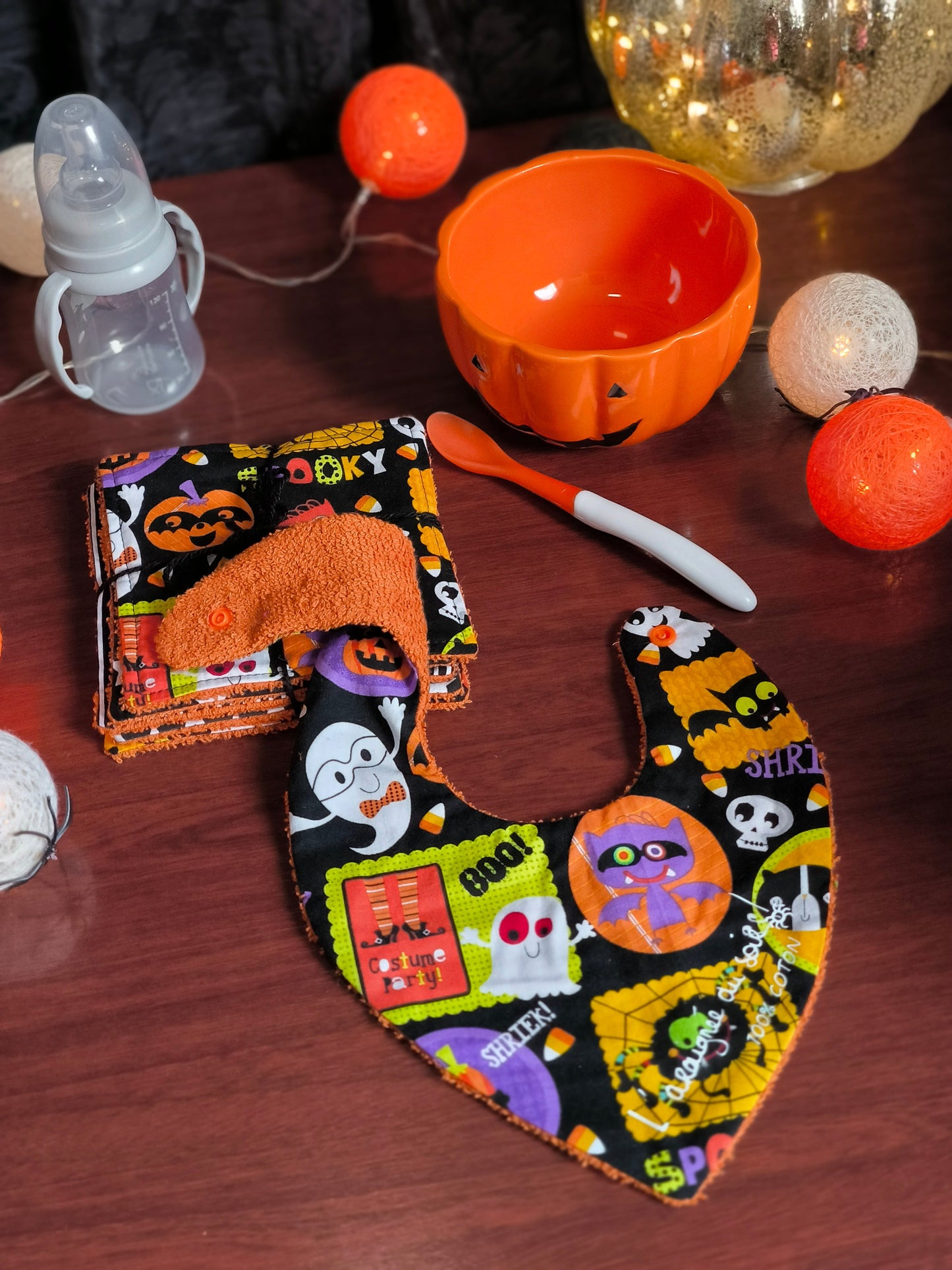 Duo bavoir et lingettes lavables - Repas d'Halloween