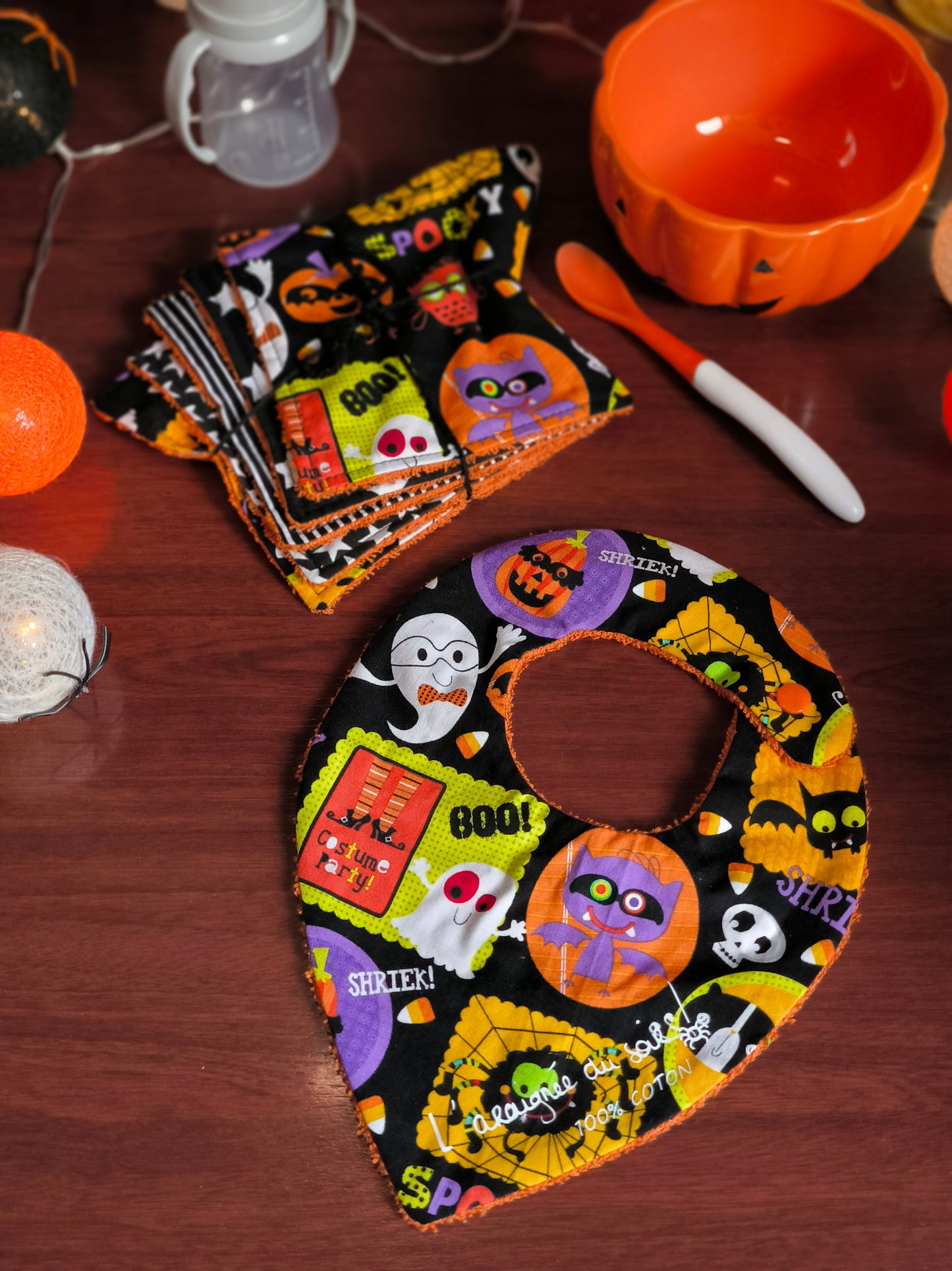 Duo bavoir et lingettes lavables - Repas d'Halloween