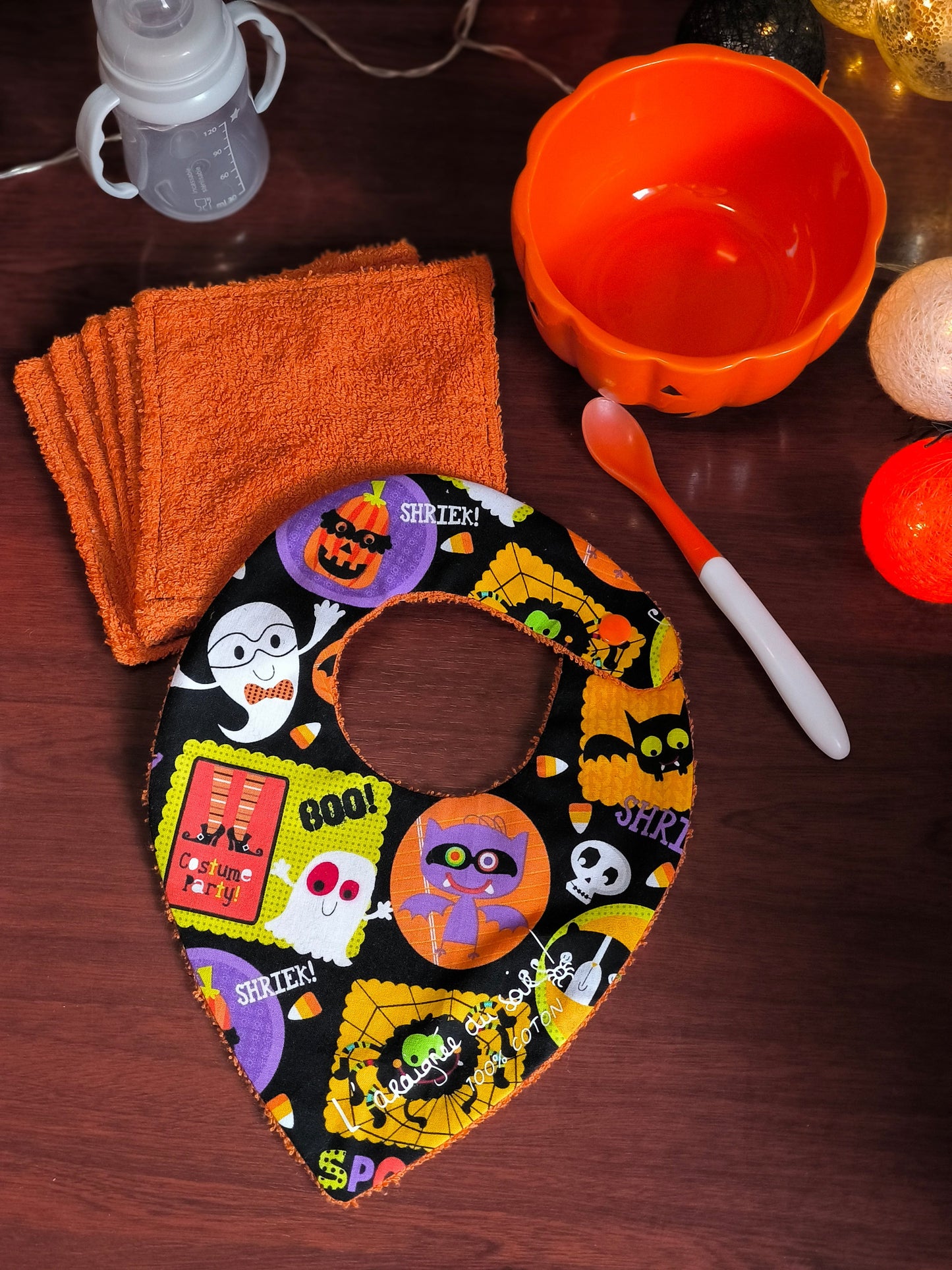 Duo bavoir et lingettes lavables - Repas d'Halloween