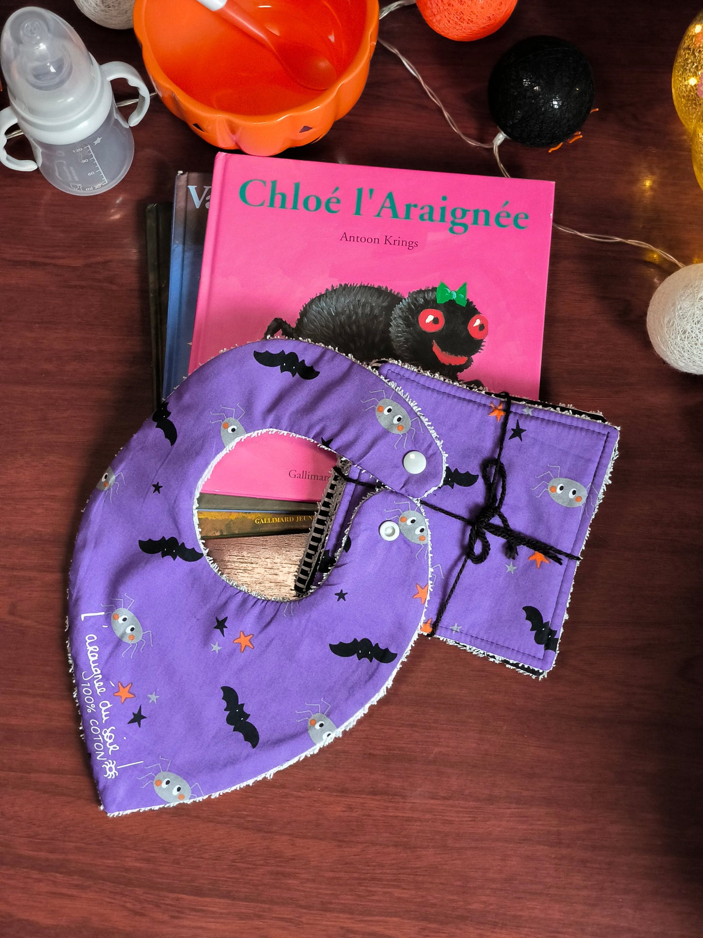 Duo bavoir et lingettes lavables - Petites araignées en violet