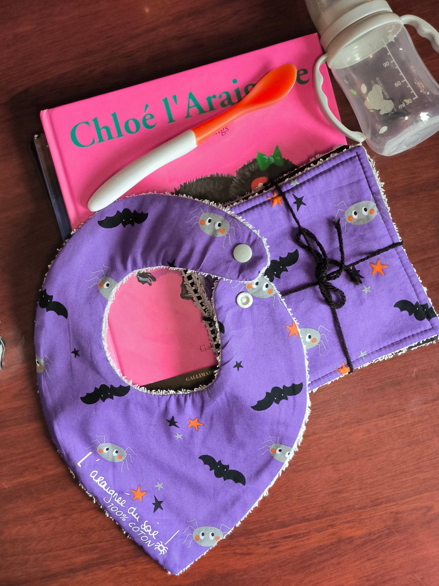 Duo bavoir et lingettes lavables - Petites araignées en violet