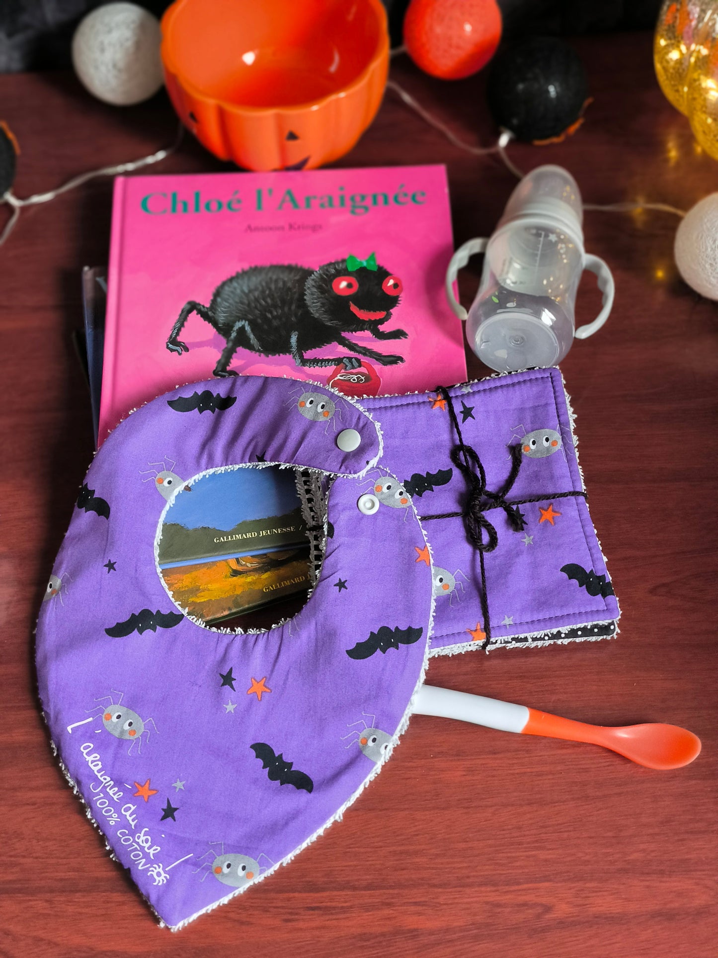 Duo bavoir et lingettes lavables - Petites araignées en violet