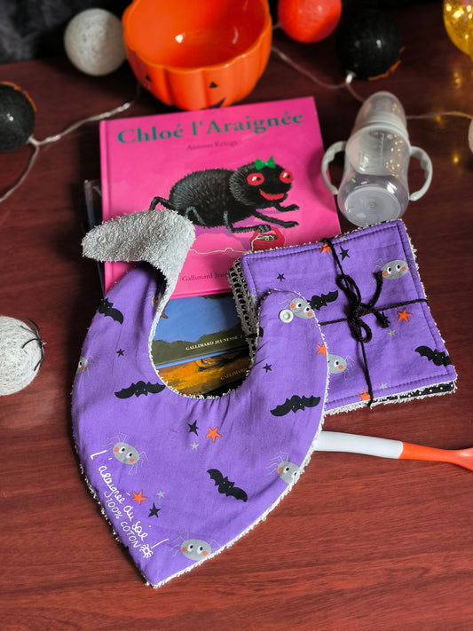 Duo bavoir et lingettes lavables - Petites araignées en violet