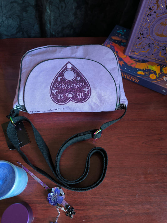 Sac besace Ouija violet – Sac sorcière pailleté – Pièce unique