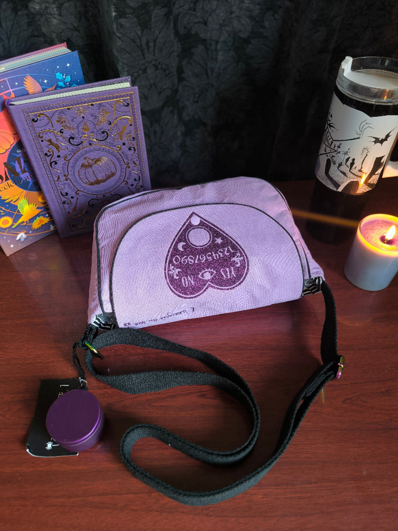 Sac besace Ouija violet – Sac sorcière pailleté – Pièce unique
