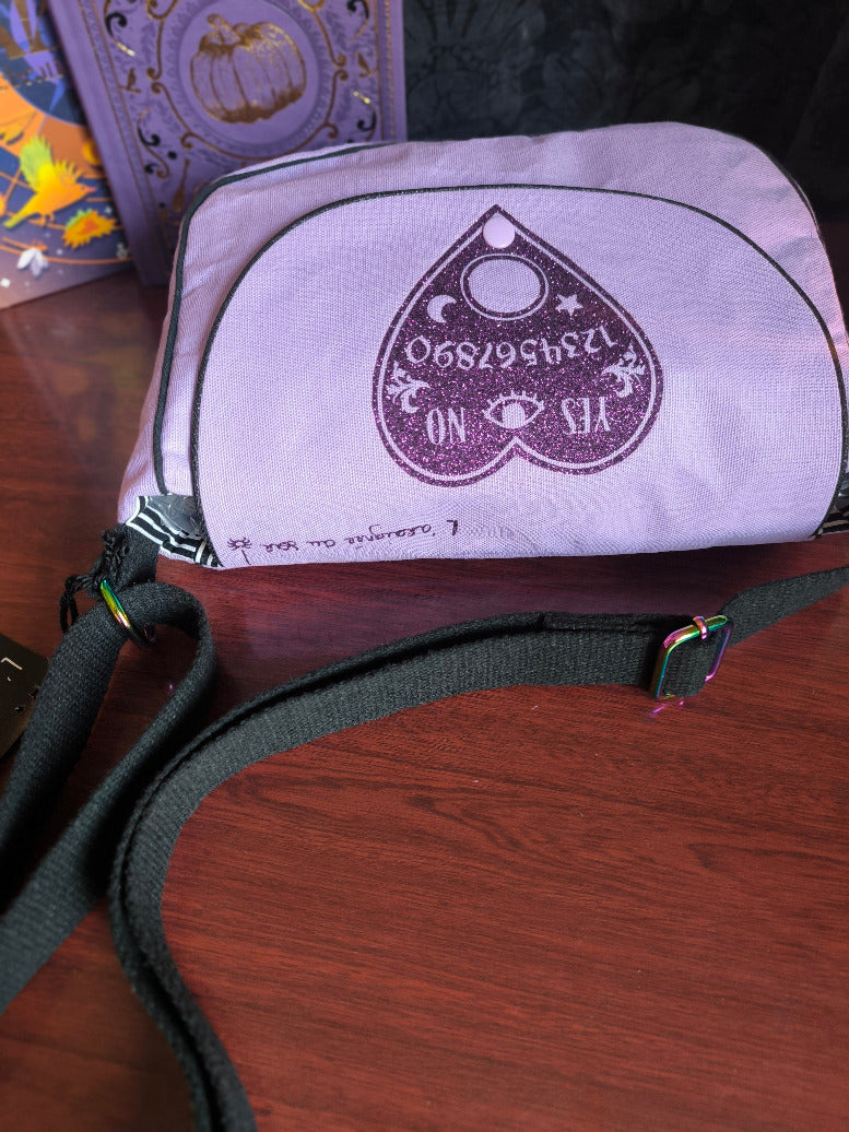 Sac besace Ouija violet – Sac sorcière pailleté – Pièce unique