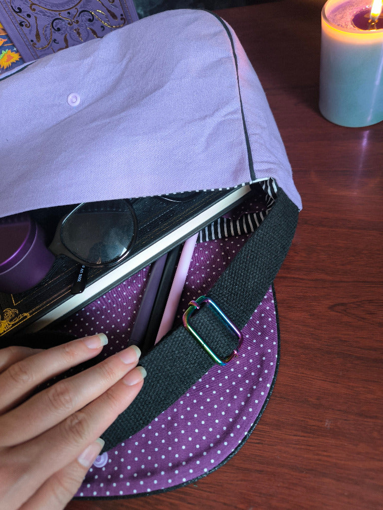 Sac besace Ouija violet – Sac sorcière pailleté – Pièce unique
