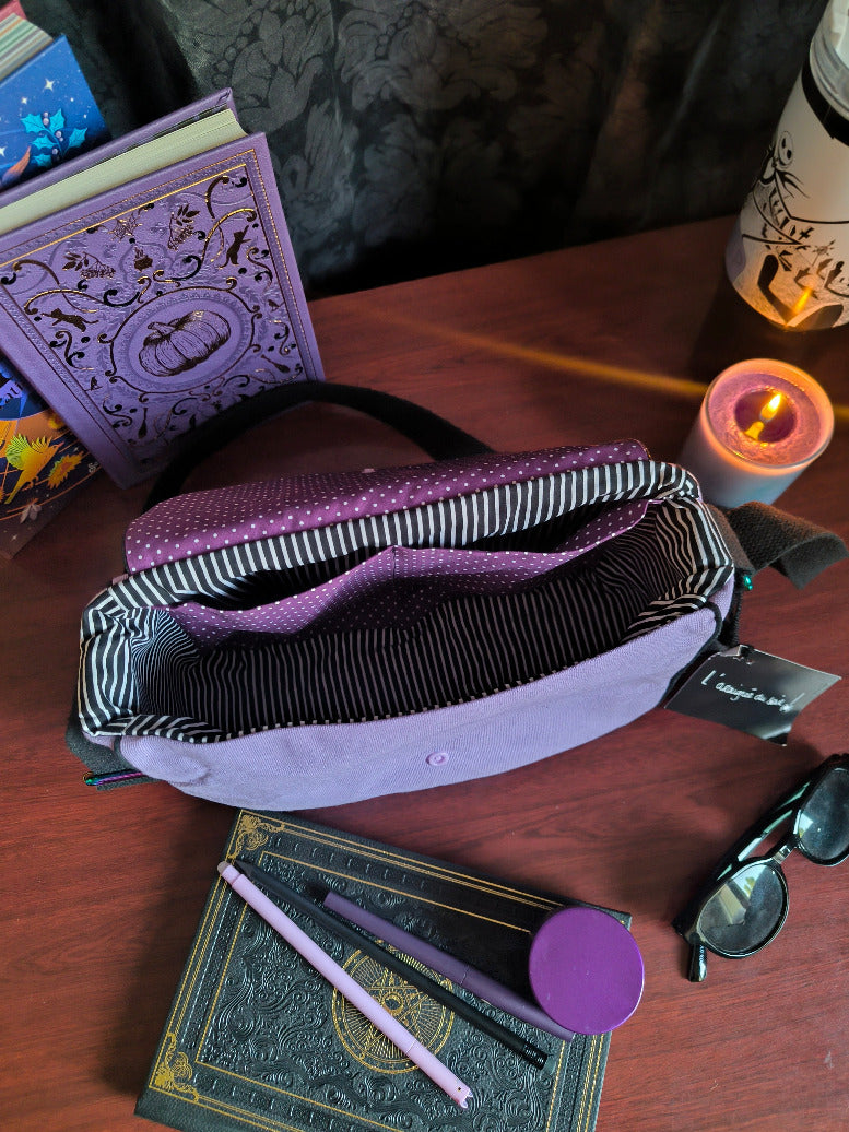 Sac besace Ouija violet – Sac sorcière pailleté – Pièce unique