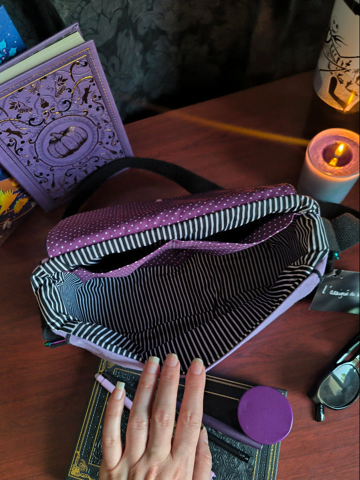 Sac besace Ouija violet – Sac sorcière pailleté – Pièce unique