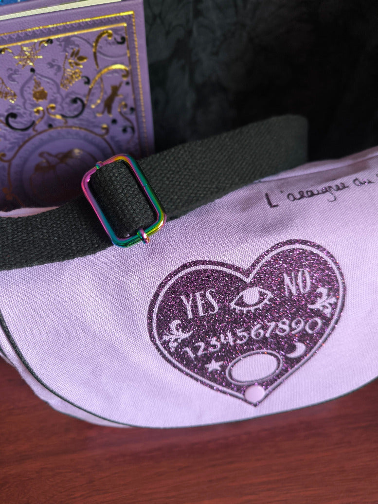 Sac besace Ouija violet – Sac sorcière pailleté – Pièce unique